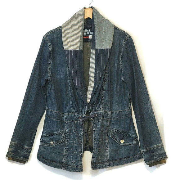 Anthropologie Holding Horses Distressed Patchwork Collar Blue Denim Jacket Small - Picture 1 of 14